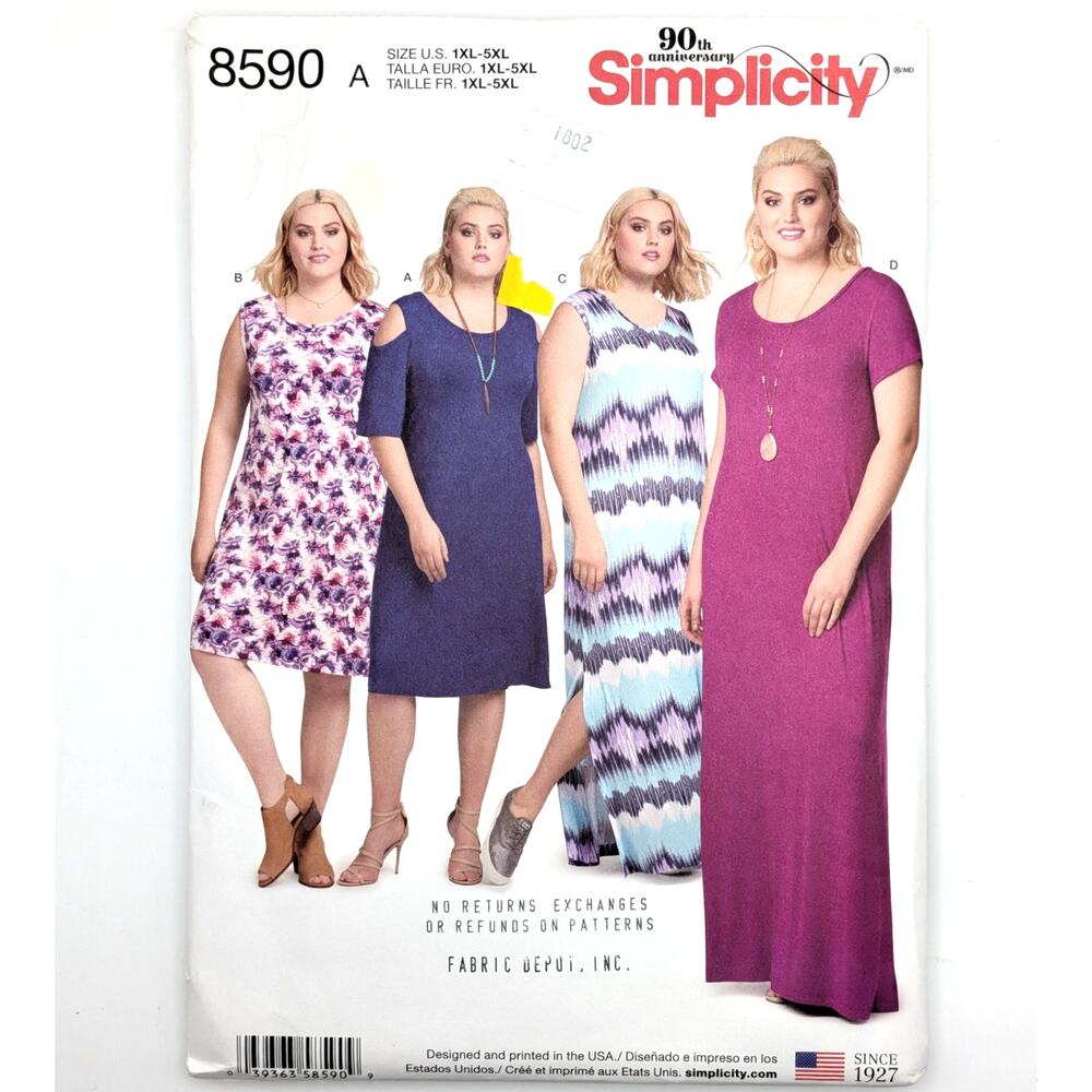 SIMPLICITY 8590 Womens Plus Size Dress Sewing Pattern 1XL 5XL UNCUT FF